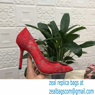 Dolce  &  Gabbana Heel 10.5cm Taormina Lace Pumps Red with Devotion Heart 2021